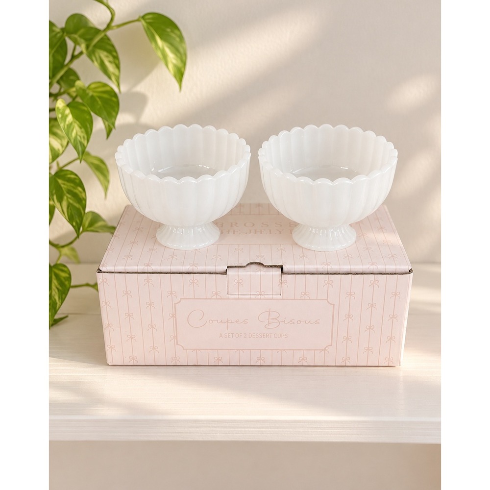 Jilly Box Coupes Bisous Jade Glass Footed Dessert Bowls Set of 2 White Fluted
